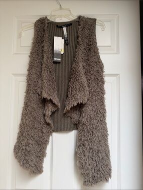 Kensie Taupe Shaggy Faux-Fur Open Front Vest